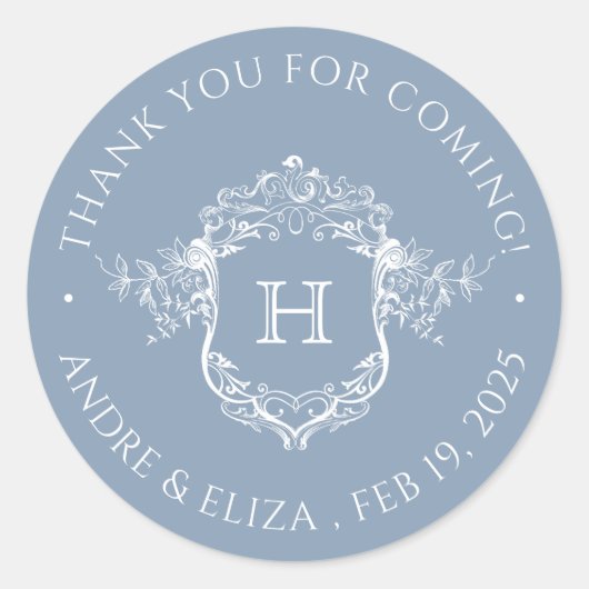 ダスティブルークレストモノグラム結婚のステッカー ラウンドシール (正面)