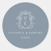 ダスティブルークレストモノグラム結婚ズ封筒用シール ラウンドシール (正面)