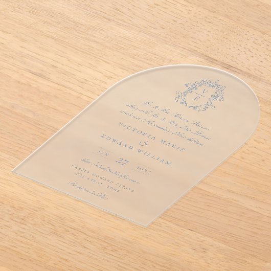 ダスティブルークレストモノグラム結婚ズ アクリル招待状 (レイダウン)