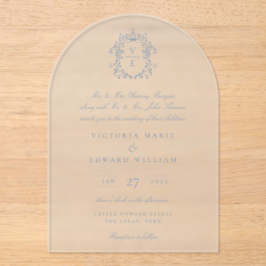 ダスティブルークレストモノグラム結婚ズ アクリル招待状 (正面)