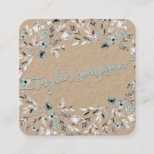 ダスティブルーグリーンリークラフト紙ネオンスワッシュスクリプト スクエア名刺 (正面)