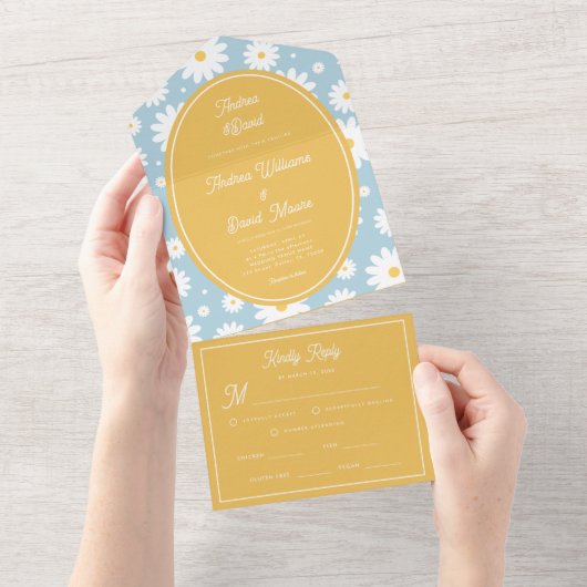 ダスティブルーグルービーデイジー70sブライトイエロー結婚ズ オールインワン招待状 (貼ってはがせる)