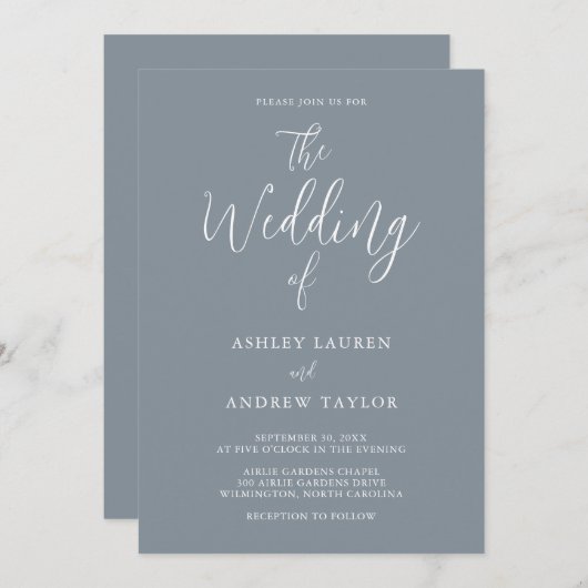 ダスティブルーグレイシンプルエレガントウェディング招待状 招待状 (正面/裏面)