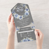ダスティブルーグレイ素朴フローラバラガーランド結婚ズ オールインワン招待状 (貼ってはがせる)