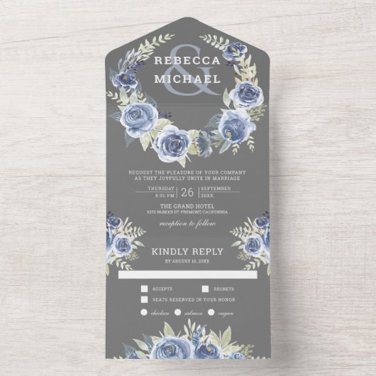 ダスティブルーグレイ素朴フローラバラガーランド結婚ズ オールインワン招待状 (内側)