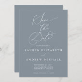 ダスティブルーグレーのミニマリスト日付を保存 招待状 (正面/裏面)