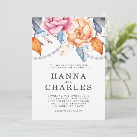 ダスティブルーグレーオレンジウォーターカラー結婚フローラ 招待状 (スタンド正面)