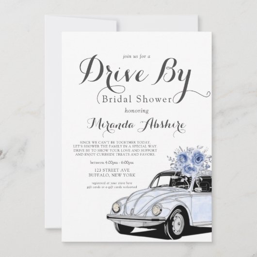 ダスティブルーグレーフローラ車ドライブバイブライダルシャワー 招待状 (正面)