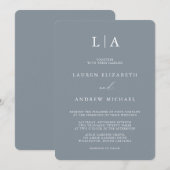 ダスティブルーグレーモノグラムシンプルミニマル結婚リスト 招待状 (正面/裏面)