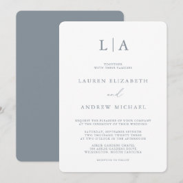 ダスティブルーグレーモノグラムシンプルミニマル結婚リスト 招待状