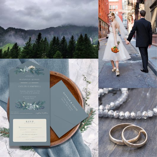 ダスティブルーグレー冬のフローラ結婚ズ オールインワン招待状