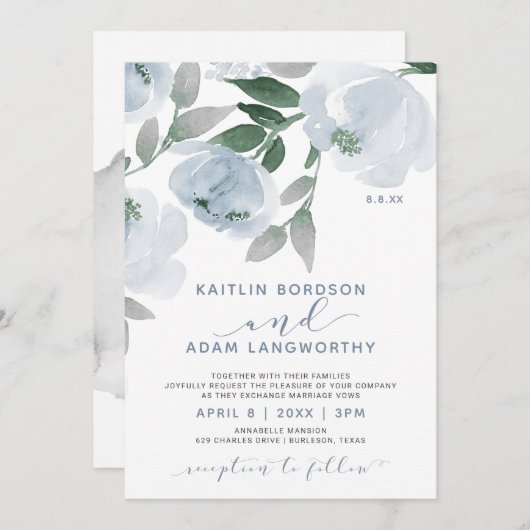 ダスティブルーグレー水色フローラ結婚ズ 招待状 (正面/裏面)