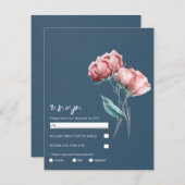 ダスティブルーグレー水色フローラ結婚式RSVP 招待状 (正面/裏面)