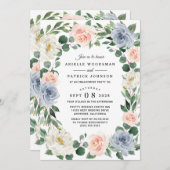 ダスティブルーグレー赤面ピンクピーチ婚約パーティ 招待状 (正面/裏面)