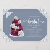 ダスティブルーケーキ及びレースブライダルシャワー茶パーティー 招待状 (正面/裏面)