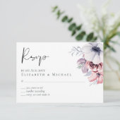 ダスティブルーコーラルフローラスクリプトウェディングRSVP予算 出欠カード (スタンド正面)