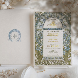ダスティブルーコーンフラワー結婚ズアールヌーボーミュシャ 箔招待状