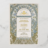 ダスティブルーコーンフラワー結婚ズアールヌーボーミュシャ 箔招待状 (正面)