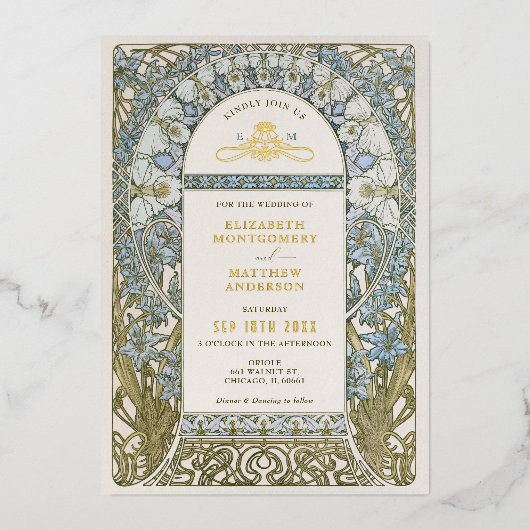 ダスティブルーコーンフラワー結婚ズアールヌーボーミュシャ 箔招待状 (正面)