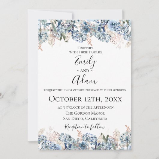 ダスティブルーゴールデンボタニカル結婚式招待状 招待状 (正面)