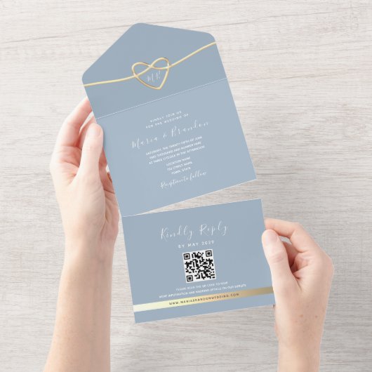 ダスティブルーゴールドのQRコード付き結婚式招待状 オールインワン招待状 (貼ってはがせる)