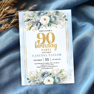 ダスティブルーゴールドフレームモダン90歳の誕生日招待状 招待状