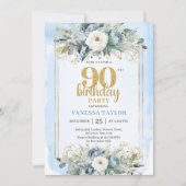 ダスティブルーゴールドフレームモダン90歳の誕生日招待状 招待状 (正面)