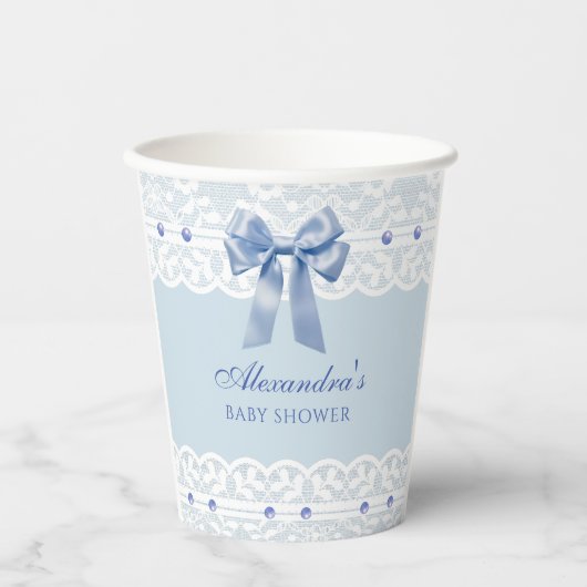 ダスティブルーサテンボウリージェンシーレースベビーシャワー 紙コップ (正面)