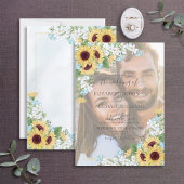 ダスティブルーサンフラワーヴェラムオーバーレイ結婚写真 招待状