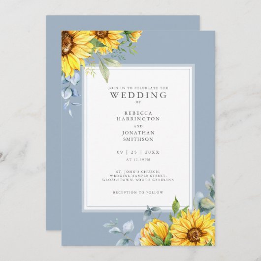 ダスティブルーサンフラワー結婚式招待状 (正面/裏面)