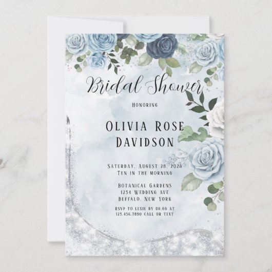 ダスティブルーシックウォーターカラーフローラブライダルシャワー 招待状 (正面)