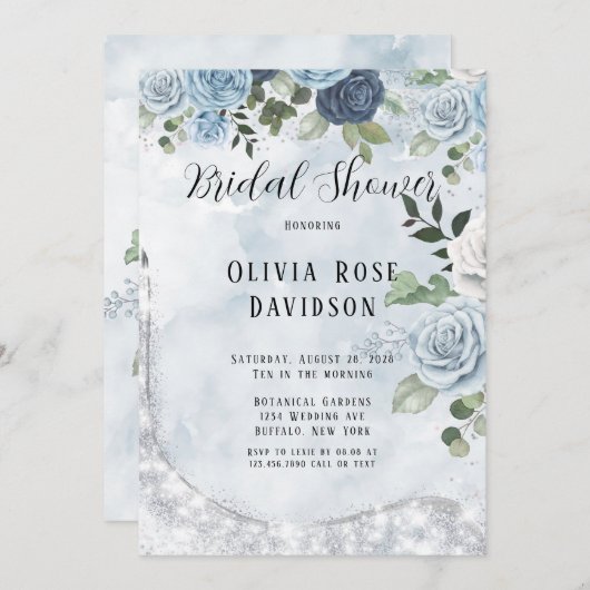 ダスティブルーシックウォーターカラーフローラブライダルシャワー 招待状 (正面/裏面)