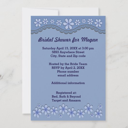 ダスティブルーシックスペタルフラワーブライダルシャワー招待状 招待状 (正面)