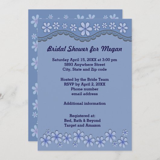 ダスティブルーシックスペタルフラワーブライダルシャワー招待状 招待状 (正面/裏面)