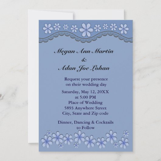 ダスティブルーシックスペタルフラワー結婚式招待状 招待状 (正面)