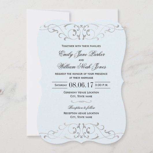 ダスティブルーシルバーエレガントウェディング招待状 招待状 (正面)