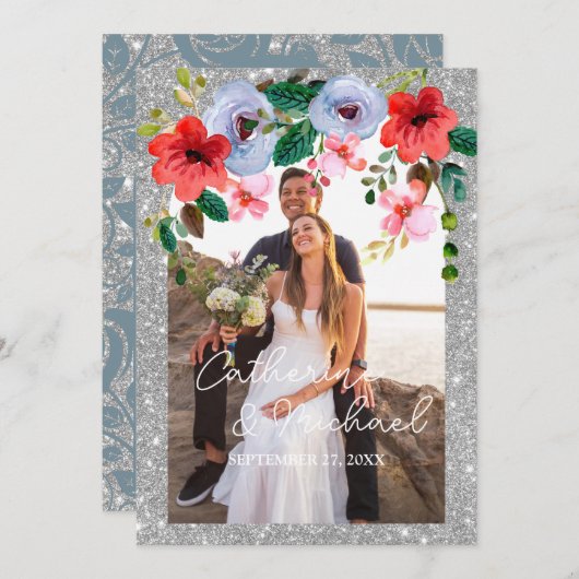 ダスティブルーシルバーグリッター水カラーフローラアーチ サンキューカード (正面/裏面)