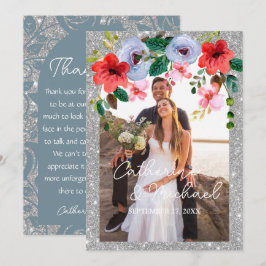 ダスティブルーシルバーグリッター水カラーフローラアーチ サンキューカード