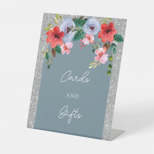 ダスティブルーシルバーグリッター水カラーフローラアーチ 台座サイン (正面)