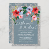 ダスティブルーシルバーグリッター水カラーフローラアーチ 招待状 (正面/裏面)