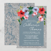 ダスティブルーシルバーグリッター水カラーフローラアーチ 招待状 (正面/裏面)