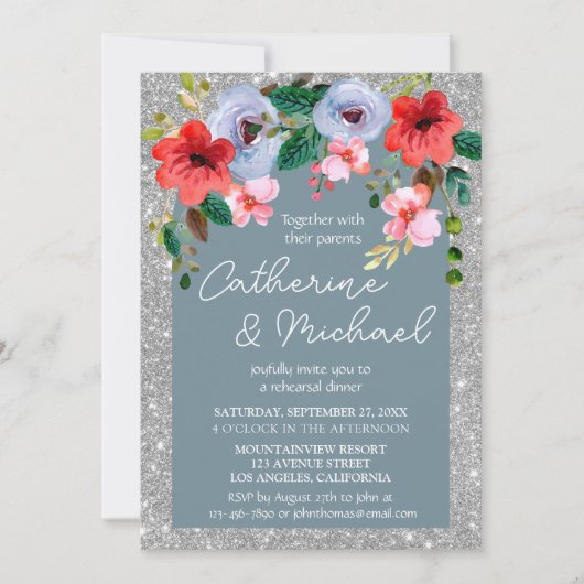 ダスティブルーシルバーグリッター水カラーフローラアーチ 招待状 (正面)