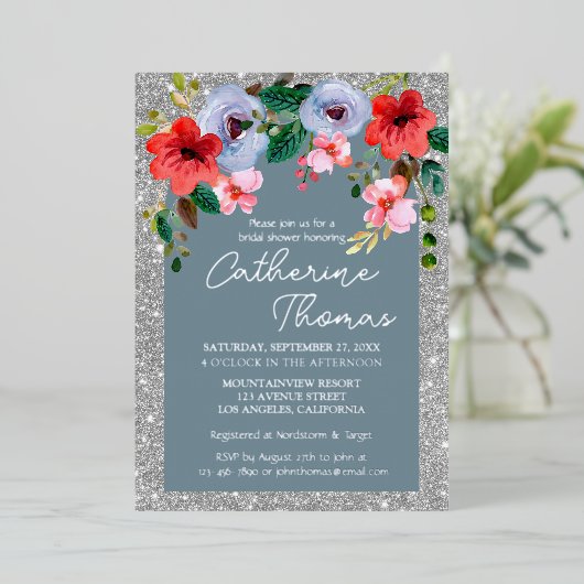 ダスティブルーシルバーグリッター水カラーフローラアーチ 箔招待状 (立ち正面)