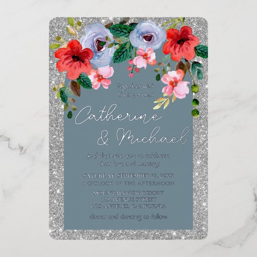ダスティブルーシルバーグリッター水カラーフローラアーチ 箔招待状 (正面)