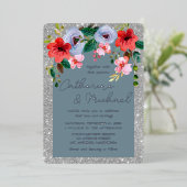 ダスティブルーシルバーグリッター水カラーフローラアーチ 箔招待状 (立ち正面)
