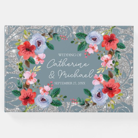 ダスティブルーシルバーグリッター水彩フローラ ゲストブック (正面)