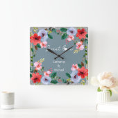 ダスティブルーシルバーグリッター水彩フローラ スクエア壁時計 (ホーム)