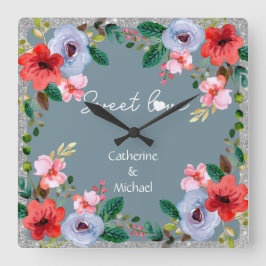 ダスティブルーシルバーグリッター水彩フローラ スクエア壁時計