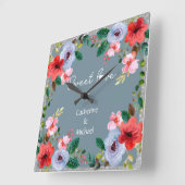 ダスティブルーシルバーグリッター水彩フローラ スクエア壁時計 (傾斜)