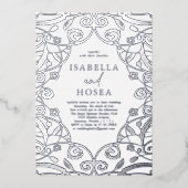 ダスティブルーシルバーフォイルフローラレース結婚ズ 箔招待状 (正面)